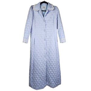 Vintage Christian Dior Satin Quilted Blue Lace Robe M Petite Button Up Pockets